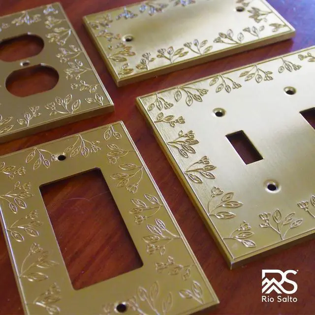 Alt view image 5 of 7 - Gold Light Switch Cover Plate Toggle Brushed Gold Switch Plate Metal Decorative Floral Wall Plates Flip Switch Cover Floral Collection, Midsize 5.00" X 3.13"