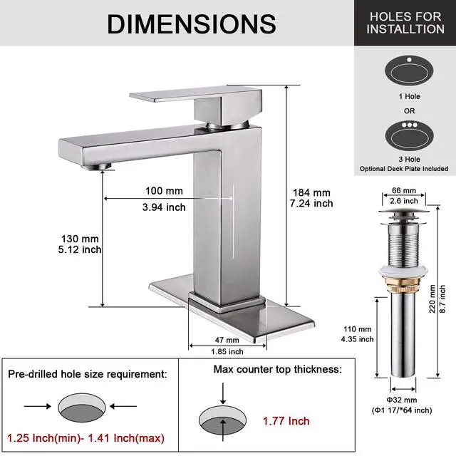 Alt view image 3 of 6 - Brushed Nickel Bathroom Faucet, Single Hole Vanity Bath Faucet, Single Handle Modern Stainless Steel Bathroom Faucets for Sink 1 Hole with Pop Up Drain Stopper & Water Supply Hoses