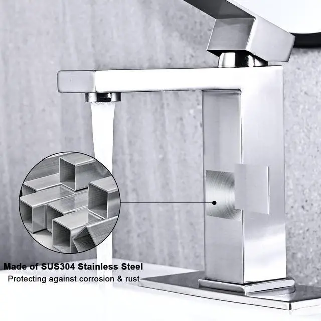 Alt view image 5 of 6 - Brushed Nickel Bathroom Faucet, Single Hole Vanity Bath Faucet, Single Handle Modern Stainless Steel Bathroom Faucets for Sink 1 Hole with Pop Up Drain Stopper & Water Supply Hoses