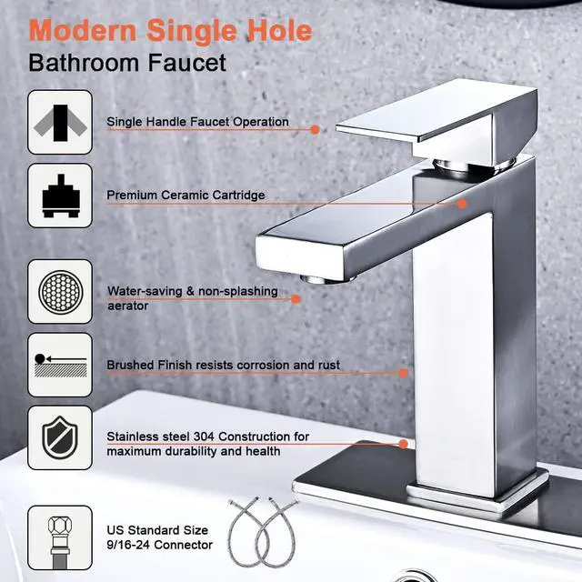 Alt view image 6 of 6 - Brushed Nickel Bathroom Faucet, Single Hole Vanity Bath Faucet, Single Handle Modern Stainless Steel Bathroom Faucets for Sink 1 Hole with Pop Up Drain Stopper & Water Supply Hoses
