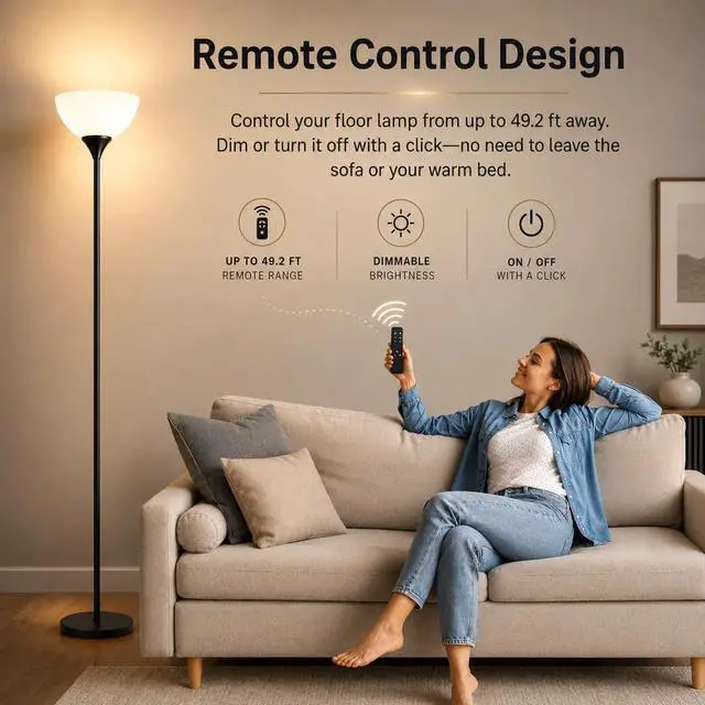 Alt view image 2 of 7 - Floor Lamp, Remote Control with Stepless Color Temperatures and Brightness, Torchiere lamp for Bedroom, Living Room, Bulb Included (Matte Black)