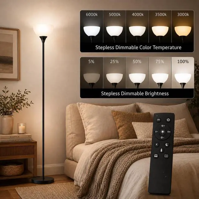 Alt view image 3 of 7 - Floor Lamp, Remote Control with Stepless Color Temperatures and Brightness, Torchiere lamp for Bedroom, Living Room, Bulb Included (Matte Black)