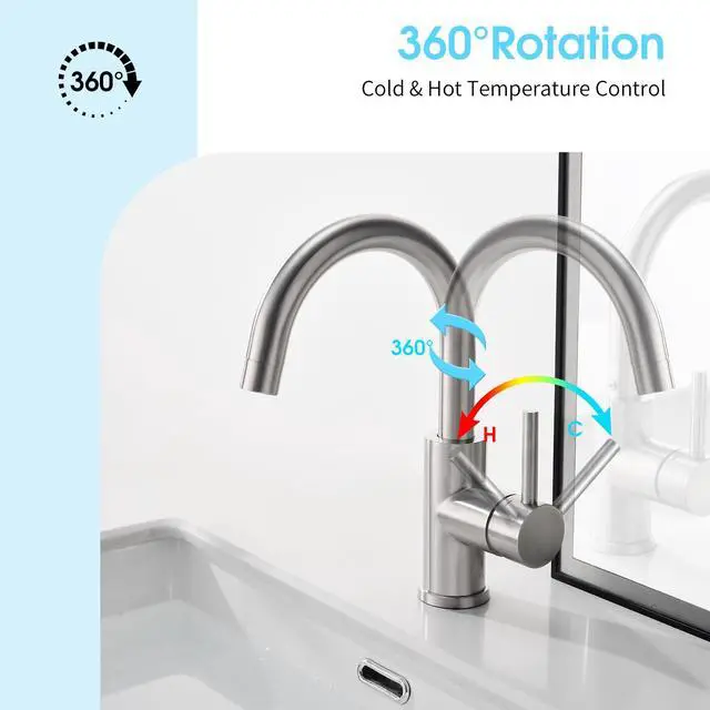 Alt view image 2 of 7 - Bar Sink Faucet, Bathroom Kitchen Faucet Brushed Nickel Pre Wet Small Mini Kitchen Bath Utility Marine Faucet Single Hole Stainless Steel Farmhouse Vanity Lavatory Faucets Outdoor