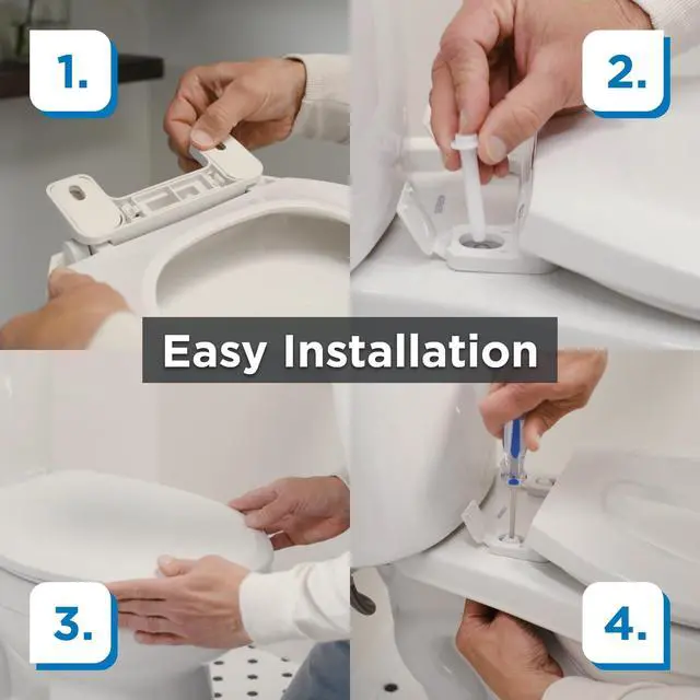 Alt view image 7 of 7 - Elongated Toilet Seat with Cover, Soft Close, No Slam, Quick & Easy Install, Heavy-Duty Plastic, Adjustable Fit for Standard Elongated Toilets, Durable & Fade-Resistant, White G0099213
