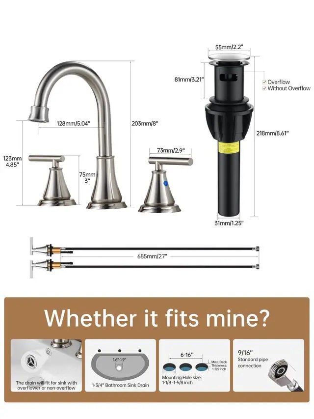 Alt view image 2 of 7 - 8 Inch Widespread Bathroom Sink Faucet 3 Hole, Brushed Nickel Bathroom Faucet with Metal Pop-Up Drain Assembly, Bathroom Vanity Faucet, 2 Handle for Sink