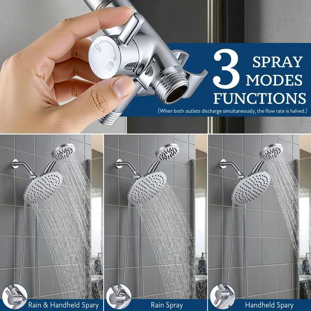 Alt view image 3 of 7 - Solid Metal Shower Head Diverter with Holder 3-Way | Spray Separately or Both, Adjustable-Angle Bracket, Anti-Leak, Smooth Knob Switch, Easy Install, Universal Replacement Part