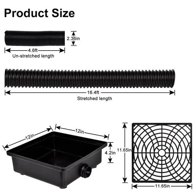 Alt view image 2 of 6 - Low Profile Catch Basin Drain Kit Gutter Downspout Extender | 12"×12" Catch Basin Downspout Extensions with 2" ID Flexible Pipe,Pipe Stretched Length 16.4ft,Rainwater Drainage System