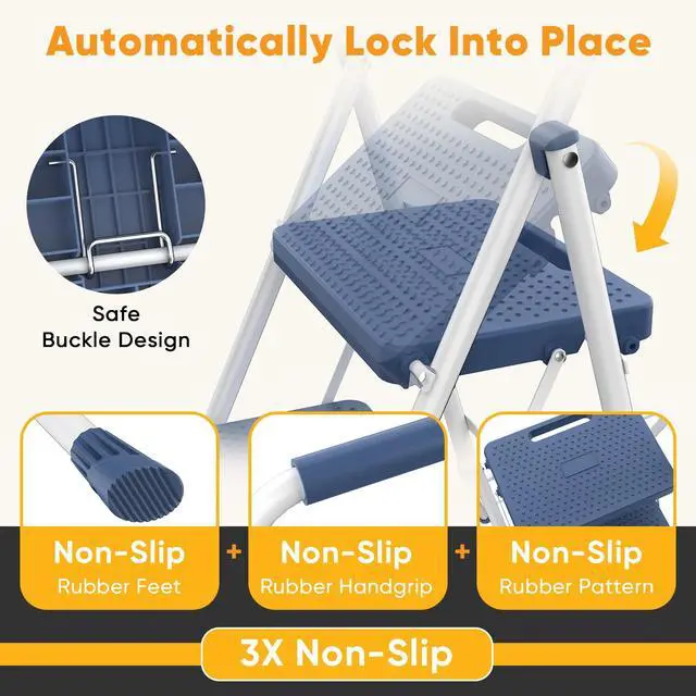 Alt view image 2 of 7 - 3 Step Ladder, Folding Step Stool for Adults with Safety Lock, Anti-Slip Design, Portable Foldable Ladder for Home Kitchen, Garage & Outdoor Use, Blue