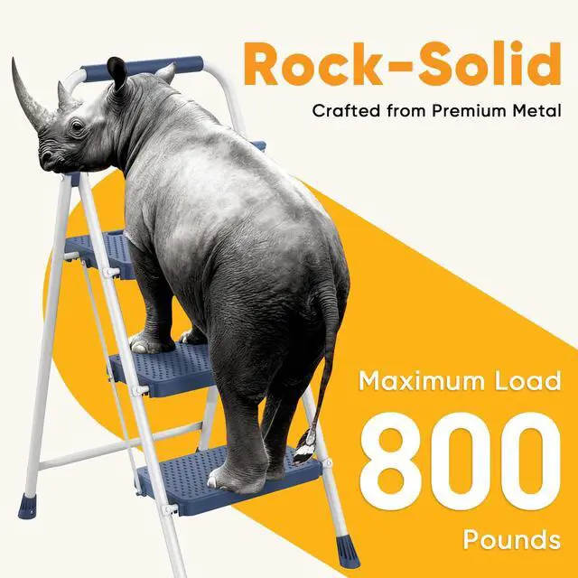Alt view image 3 of 7 - 3 Step Ladder, Folding Step Stool for Adults with Safety Lock, Anti-Slip Design, Portable Foldable Ladder for Home Kitchen, Garage & Outdoor Use, Blue