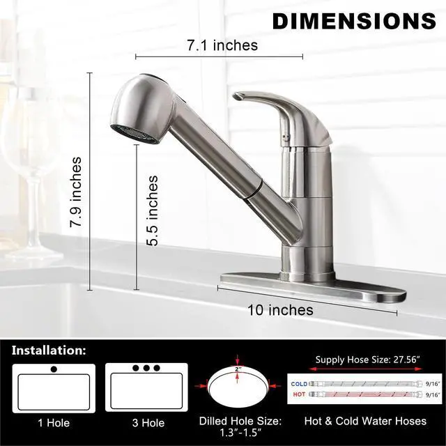 Alt view image 2 of 7 - Kitchen Faucet with Pull Out Sprayer, Low Profile, Brushed Nickel | Stainless Steel, Single Handle, 360° Swivel Spout, Lead-Free NSF Certified, Deck Plate for 1 or 3 Hole, RV Laundry Bar Sink
