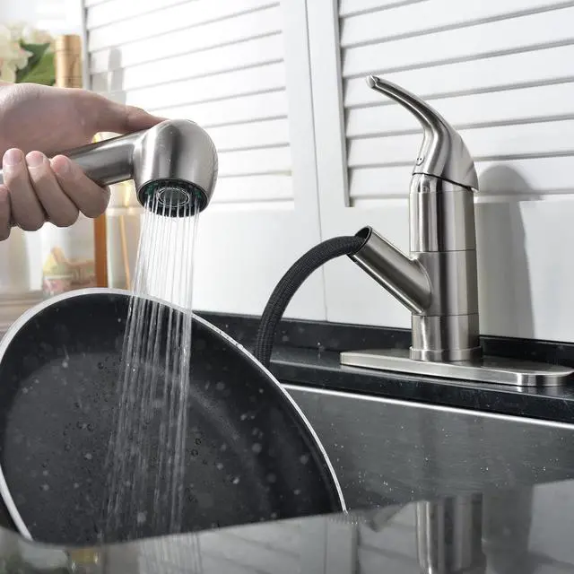 Alt view image 3 of 7 - Kitchen Faucet with Pull Out Sprayer, Low Profile, Brushed Nickel | Stainless Steel, Single Handle, 360° Swivel Spout, Lead-Free NSF Certified, Deck Plate for 1 or 3 Hole, RV Laundry Bar Sink