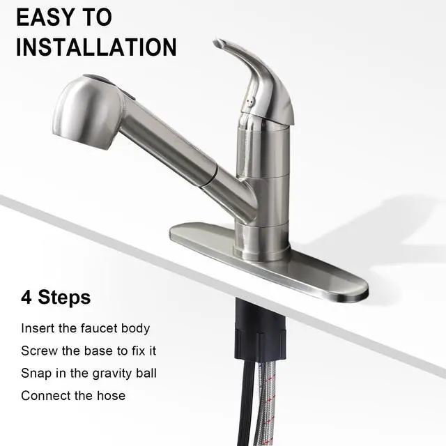 Alt view image 6 of 7 - Kitchen Faucet with Pull Out Sprayer, Low Profile, Brushed Nickel | Stainless Steel, Single Handle, 360° Swivel Spout, Lead-Free NSF Certified, Deck Plate for 1 or 3 Hole, RV Laundry Bar Sink