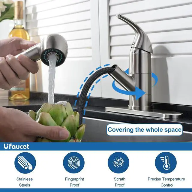 Alt view image 4 of 7 - Kitchen Faucet with Pull Out Sprayer, Low Profile, Brushed Nickel | Stainless Steel, Single Handle, 360° Swivel Spout, Lead-Free NSF Certified, Deck Plate for 1 or 3 Hole, RV Laundry Bar Sink
