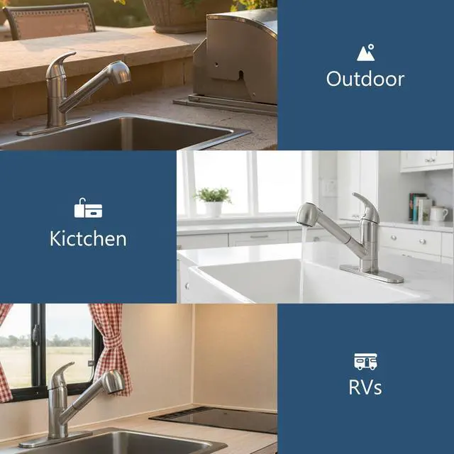 Alt view image 7 of 7 - Kitchen Faucet with Pull Out Sprayer, Low Profile, Brushed Nickel | Stainless Steel, Single Handle, 360° Swivel Spout, Lead-Free NSF Certified, Deck Plate for 1 or 3 Hole, RV Laundry Bar Sink