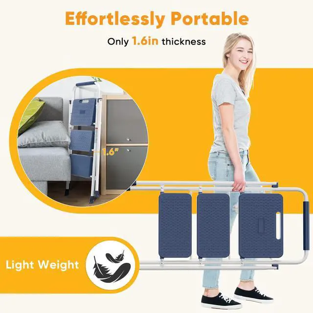 Alt view image 5 of 7 - 3 Step Ladder, Folding Step Stool for Adults with Safety Lock, Anti-Slip Design, Portable Foldable Ladder for Home Kitchen, Garage & Outdoor Use, Blue