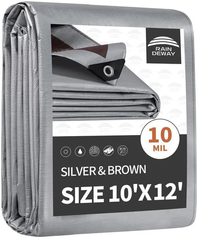 Main image of Tarps Heavy Duty Waterproof 10x12 Feet,10Mil Multipurpose Tarp | Metal Grommets Every 18inch,Sturdy Corners,Reinforced Edges,14x14 Strong Weave,UV&Tear Resistant,Silver/Brown