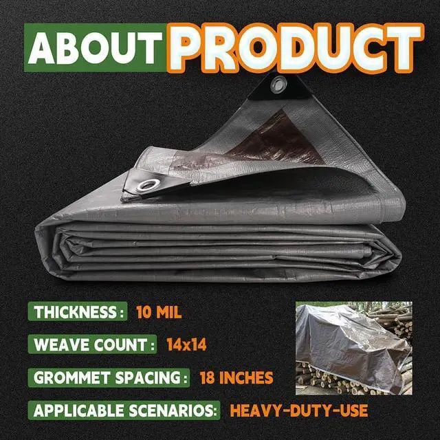 Alt view image 6 of 7 - Tarps Heavy Duty Waterproof 10x12 Feet,10Mil Multipurpose Tarp | Metal Grommets Every 18inch,Sturdy Corners,Reinforced Edges,14x14 Strong Weave,UV&Tear Resistant,Silver/Brown