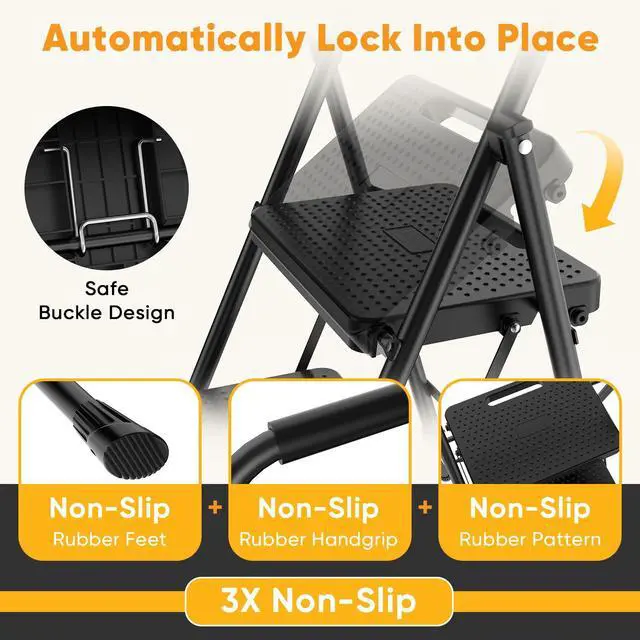 Alt view image 2 of 7 - Foldable 3 Step Stool Ladder, Collapsible Step Stool for Adults, Safety Lock & Anti-Slip Design, Portable Ladder for Household Kitchen Use, Black