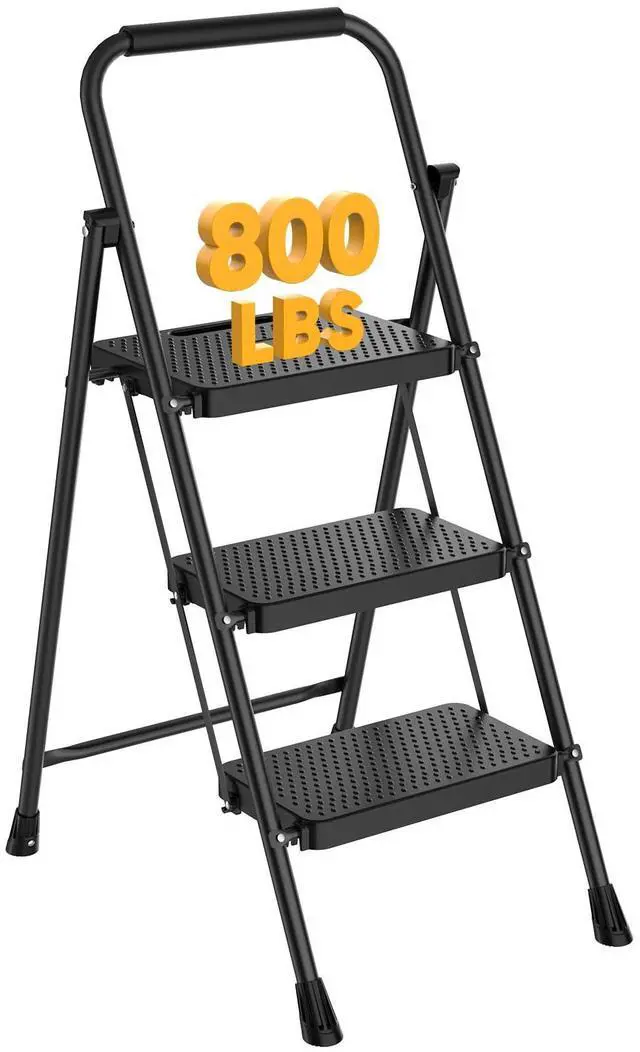 Main image of Foldable 3 Step Stool Ladder, Collapsible Step Stool for Adults, Safety Lock & Anti-Slip Design, Portable Ladder for Household Kitchen Use, Black