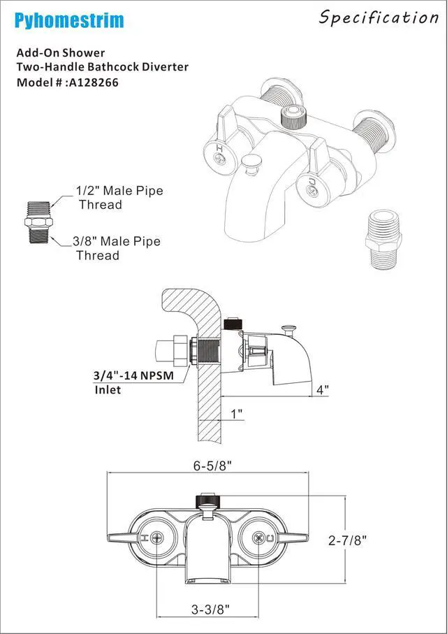 Alt view image 7 of 7 - Bathcock Clawfoot Tub Shower Diverter Kit, 3 3/8" Centers, Vintage Bathtub Faucet, MIP Inlet, Shower Riser Outlet, Chrome