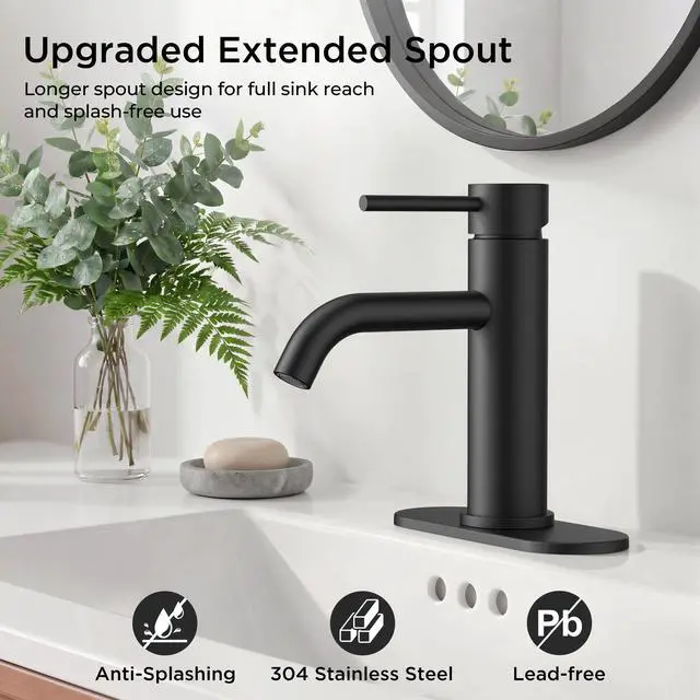 Alt view image 2 of 7 - Bathroom Faucet 1 Hole, Black Single Handle Vainty Sink Faucets | for 1 or 3 Hole 4 Inch Centerset Sink, with Pop-up Drain, NSF61 Certificate, for Rv Commercial Lavatory Restroom Basin