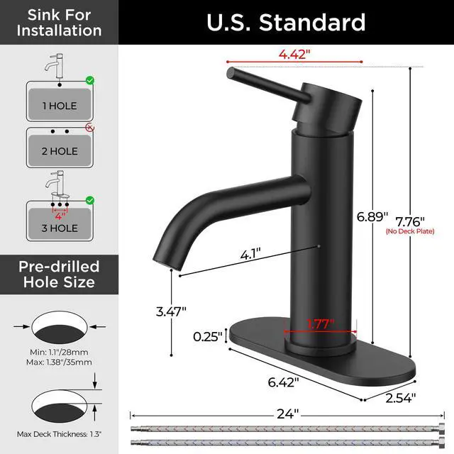 Alt view image 4 of 7 - Bathroom Faucet 1 Hole, Black Single Handle Vainty Sink Faucets | for 1 or 3 Hole 4 Inch Centerset Sink, with Pop-up Drain, NSF61 Certificate, for Rv Commercial Lavatory Restroom Basin