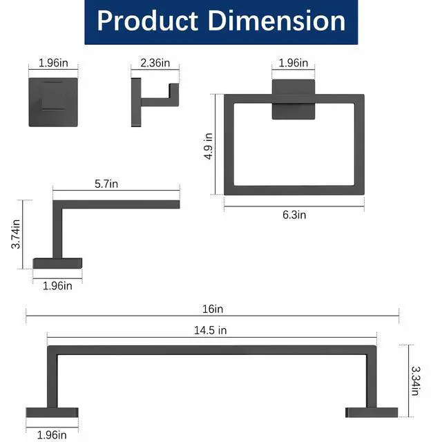 Alt view image 4 of 7 - Bathroom Hardware Accessories Set, 5-Piece 16In Black Wall Mounted | Towel Racks for Bathroom Stainless Steel Towel Bar Rack Set