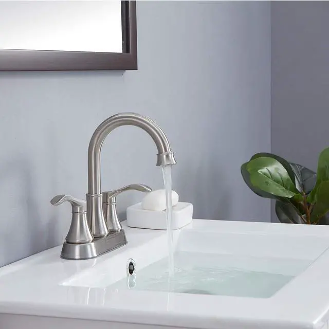 Alt view image 3 of 7 - Lead-Free Antique 2 Handle Bathroom Sink Faucet, 360° Swivel High-Arc Spout 4-Inch Centerset Lavatory Vanity Faucets Set with Drain & Water Hoses, Brushed Nickel