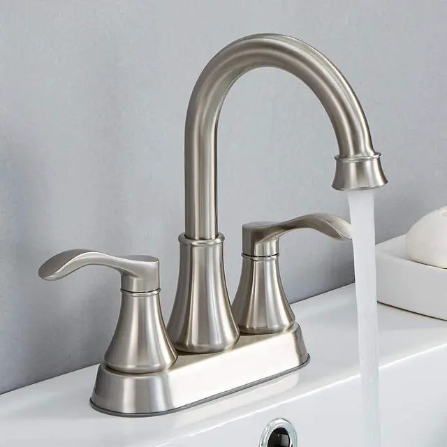 Main image of Lead-Free Antique 2 Handle Bathroom Sink Faucet, 360° Swivel High-Arc Spout 4-Inch Centerset Lavatory Vanity Faucets Set with Drain & Water Hoses, Brushed Nickel