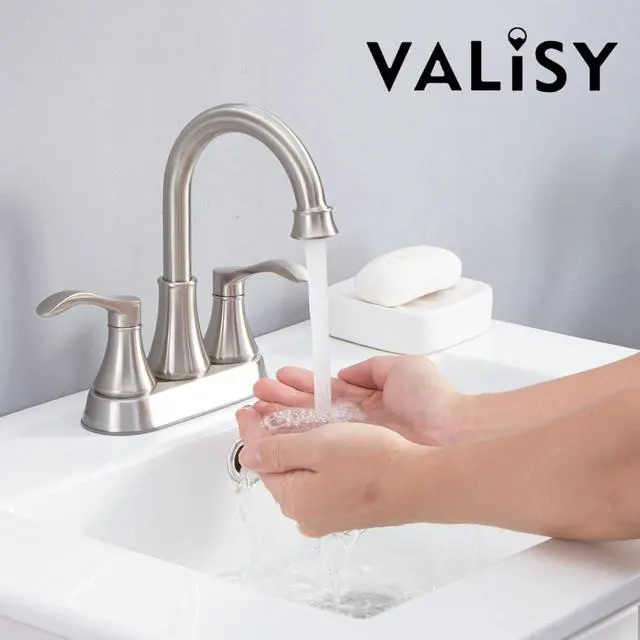 Alt view image 4 of 7 - Lead-Free Antique 2 Handle Bathroom Sink Faucet, 360° Swivel High-Arc Spout 4-Inch Centerset Lavatory Vanity Faucets Set with Drain & Water Hoses, Brushed Nickel
