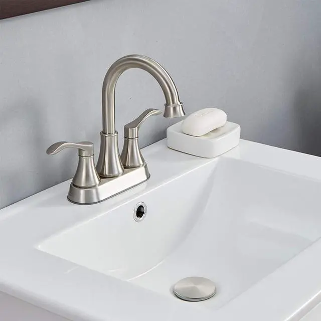 Alt view image 2 of 7 - Lead-Free Antique 2 Handle Bathroom Sink Faucet, 360° Swivel High-Arc Spout 4-Inch Centerset Lavatory Vanity Faucets Set with Drain & Water Hoses, Brushed Nickel