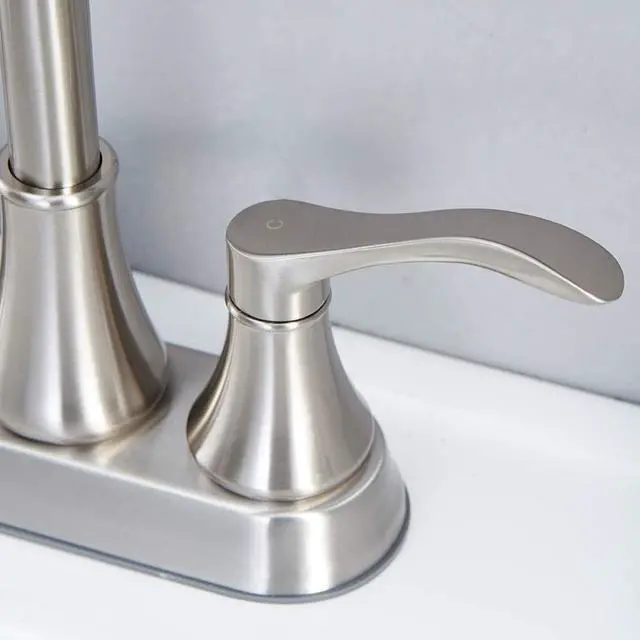 Alt view image 6 of 7 - Lead-Free Antique 2 Handle Bathroom Sink Faucet, 360° Swivel High-Arc Spout 4-Inch Centerset Lavatory Vanity Faucets Set with Drain & Water Hoses, Brushed Nickel