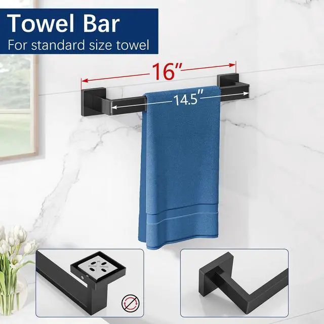 Alt view image 5 of 7 - Bathroom Hardware Accessories Set, 5-Piece 16In Black Wall Mounted | Towel Racks for Bathroom Stainless Steel Towel Bar Rack Set