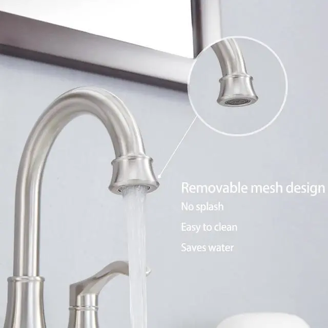 Alt view image 7 of 7 - Lead-Free Antique 2 Handle Bathroom Sink Faucet, 360° Swivel High-Arc Spout 4-Inch Centerset Lavatory Vanity Faucets Set with Drain & Water Hoses, Brushed Nickel