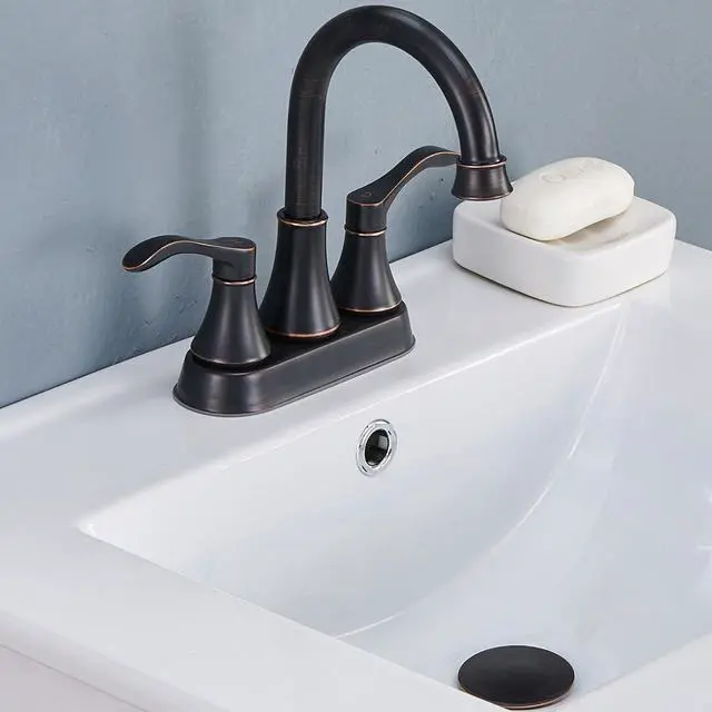 Alt view image 2 of 7 - Lead-Free Antique 2 Handle Bathroom Sink Faucet, 360° Swivel High-Arc Spout 4-Inch Centerset Lavatory Vanity Faucets Set with Drain & Water Hoses, Oil Rubbed Bronze