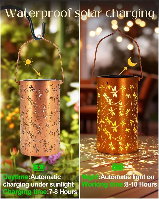 Alt view image 3 of 7 - Birthday Gifts for Women Mom Grandma Wife, Solar Lanterns Outdoor Waterproof, Metal Hanging Lights Garden Decor, LED Decorative Lantern for Patio Porch Backyard,Dragonfly, 1 Pack