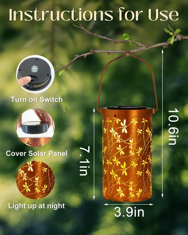 Alt view image 4 of 7 - Birthday Gifts for Women Mom Grandma Wife, Solar Lanterns Outdoor Waterproof, Metal Hanging Lights Garden Decor, LED Decorative Lantern for Patio Porch Backyard,Dragonfly, 1 Pack