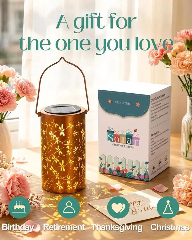 Alt view image 2 of 7 - Birthday Gifts for Women Mom Grandma Wife, Solar Lanterns Outdoor Waterproof, Metal Hanging Lights Garden Decor, LED Decorative Lantern for Patio Porch Backyard,Dragonfly, 1 Pack