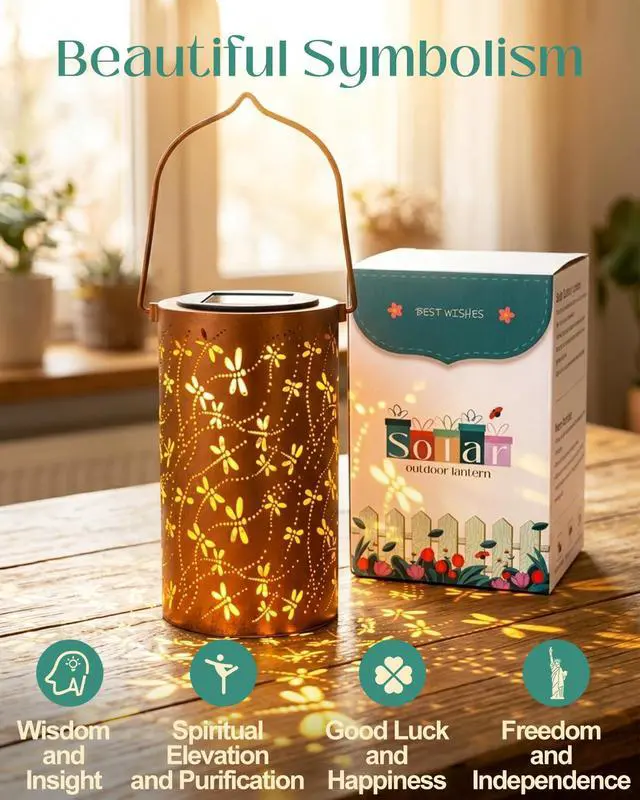 Alt view image 7 of 7 - Birthday Gifts for Women Mom Grandma Wife, Solar Lanterns Outdoor Waterproof, Metal Hanging Lights Garden Decor, LED Decorative Lantern for Patio Porch Backyard,Dragonfly, 1 Pack