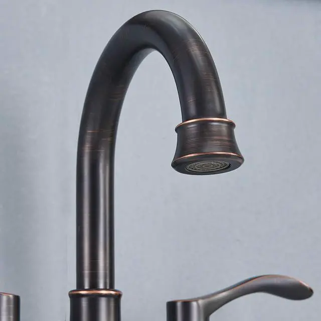 Alt view image 4 of 7 - Lead-Free Antique 2 Handle Bathroom Sink Faucet, 360° Swivel High-Arc Spout 4-Inch Centerset Lavatory Vanity Faucets Set with Drain & Water Hoses, Oil Rubbed Bronze