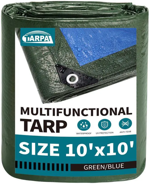 Main image of 10x10 Feet Green Tarp Waterproof 6mil Small tarps Multipurpose | All Purpose Poly Tarps Cover with grommets for Firewood Outdoor Furniture,Green/Blue