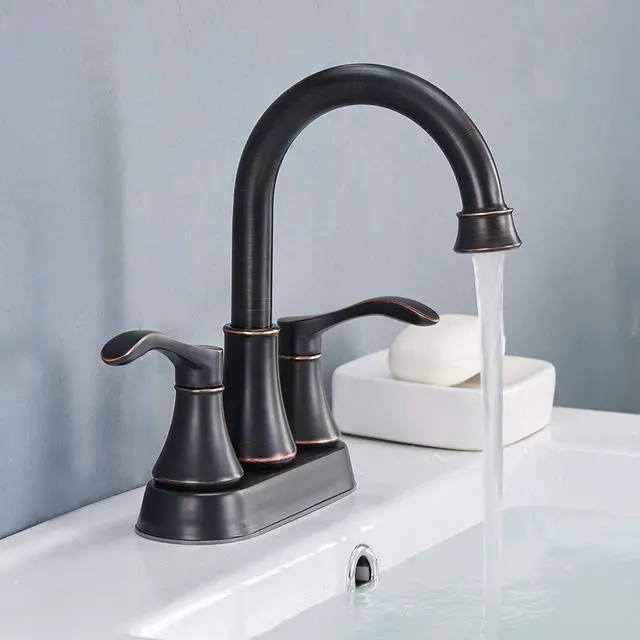 Alt view image 5 of 7 - Lead-Free Antique 2 Handle Bathroom Sink Faucet, 360° Swivel High-Arc Spout 4-Inch Centerset Lavatory Vanity Faucets Set with Drain & Water Hoses, Oil Rubbed Bronze