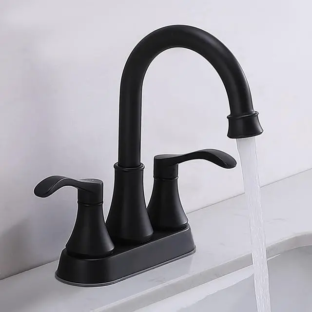 Main image of Lead-Free Antique 2 Handle Bathroom Sink Faucet, 360° Swivel High-Arc Spout 4-Inch Centerset Lavatory Vanity Faucets Set with Drain & Water Hoses, Matte Black