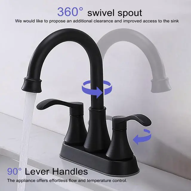 Alt view image 2 of 7 - Lead-Free Antique 2 Handle Bathroom Sink Faucet, 360° Swivel High-Arc Spout 4-Inch Centerset Lavatory Vanity Faucets Set with Drain & Water Hoses, Matte Black