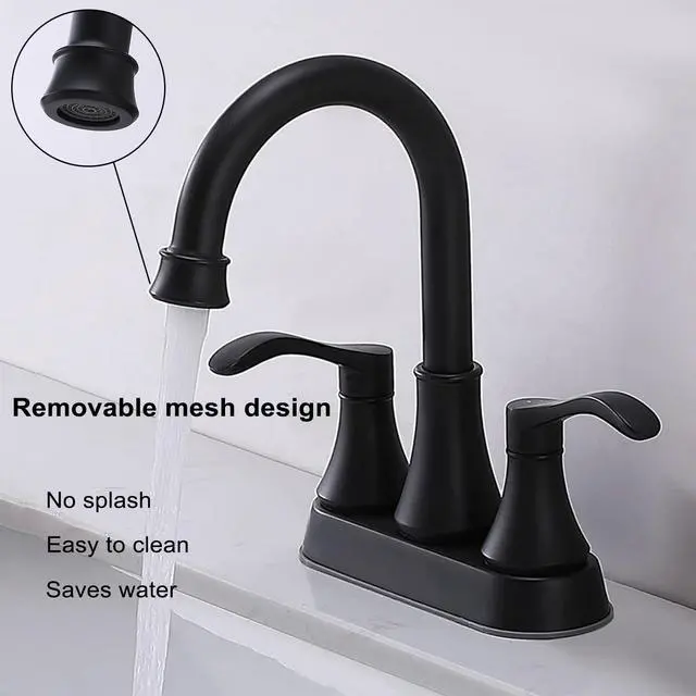 Alt view image 3 of 7 - Lead-Free Antique 2 Handle Bathroom Sink Faucet, 360° Swivel High-Arc Spout 4-Inch Centerset Lavatory Vanity Faucets Set with Drain & Water Hoses, Matte Black