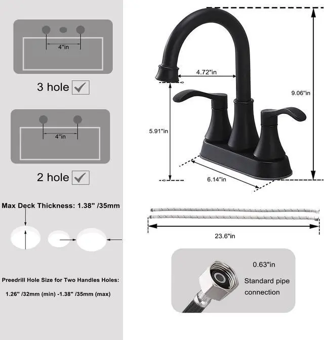 Alt view image 4 of 7 - Lead-Free Antique 2 Handle Bathroom Sink Faucet, 360° Swivel High-Arc Spout 4-Inch Centerset Lavatory Vanity Faucets Set with Drain & Water Hoses, Matte Black