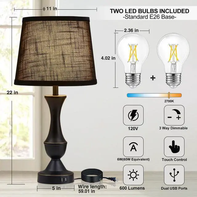 Alt view image 3 of 7 - Black Touch Table Lamps Set of 2, 22" Tall Bedside Lamps with USB C+A Charging Ports, Nightstand Lamps for for Bedroom, Living Room, Office, with Black Lampshade, LED Bulb Included