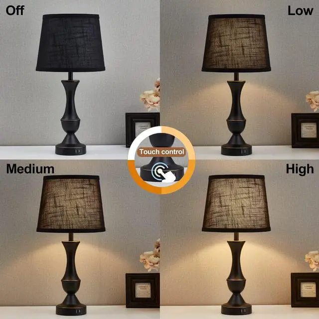 Alt view image 2 of 7 - Black Touch Table Lamps Set of 2, 22" Tall Bedside Lamps with USB C+A Charging Ports, Nightstand Lamps for for Bedroom, Living Room, Office, with Black Lampshade, LED Bulb Included