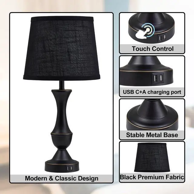 Alt view image 5 of 7 - Black Touch Table Lamps Set of 2, 22" Tall Bedside Lamps with USB C+A Charging Ports, Nightstand Lamps for for Bedroom, Living Room, Office, with Black Lampshade, LED Bulb Included