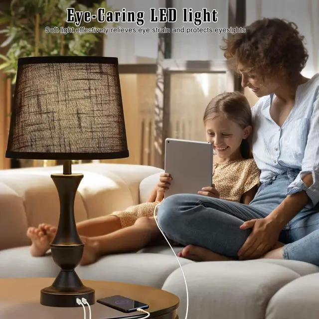Alt view image 4 of 7 - Black Touch Table Lamps Set of 2, 22" Tall Bedside Lamps with USB C+A Charging Ports, Nightstand Lamps for for Bedroom, Living Room, Office, with Black Lampshade, LED Bulb Included